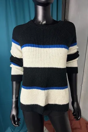 SO Heritage Women's Striped Knit Sweater Size L Black Cream Blue Casual‎ thumbnail 1