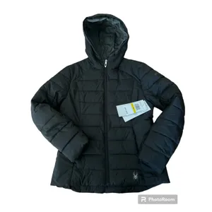 NWT Spyder Clara Puffer jacket Black Hooded Coat Woman size medium thumbnail 2