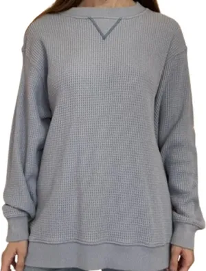 Aerie Waffle Thermal Long Sleeve Knit Pullover Crew Neck Oversized Blue Medium thumbnail 1