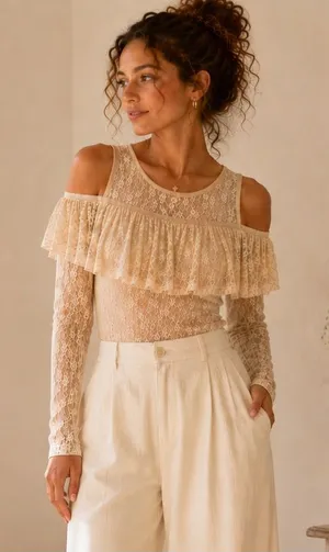 NWT Easel Cream Lace Coquette Cottagecore Cold Shoulder Balletcore Small Top thumbnail 1