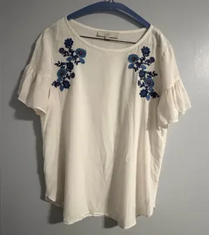 LOFT Cream Top with Blue Embroidery thumbnail 1