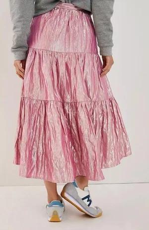 NWT Anthropologie Maeve Alicia in Pink Crinkled Metallic Maxi Skirt 2 thumbnail 3