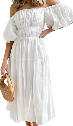Off Shoulder Puff Short Sleeve High Waist Ruffled Flowy A Line Beach Party Midi Dress thumbnail 2