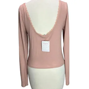 Pretty Garbage Long Sleeve Baby Tee Size L Pink Rib Knit Scoop Dainty Lace‎ Top thumbnail 6