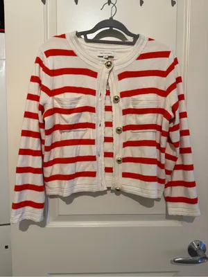 Red & White Striped Button-Front Women's Sweater Cardigan thumbnail 2