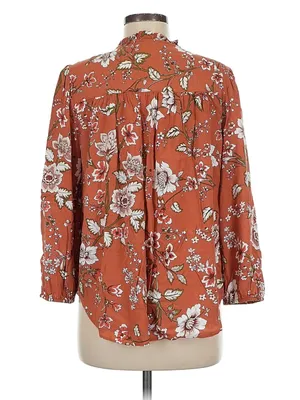 Loft Women's Size Large Petite Blouse Orange White Floral Button Down Ruffle‎ thumbnail 2