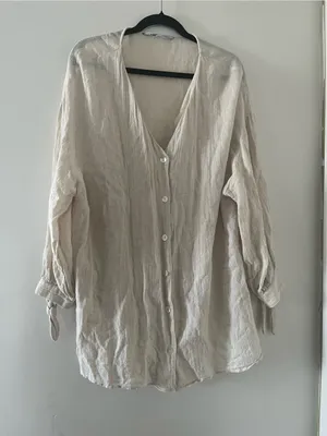 Zara Beige Linen Button Up Top Small Coastal Euro Summer Minimalist Capsule thumbnail 1