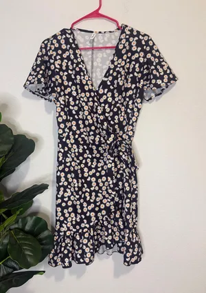 Black Daisy Wrap Dress with Ruffle Hem and flutter sleeves Medium thumbnail 1