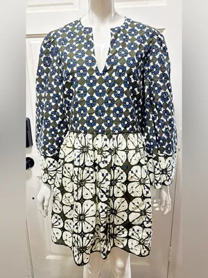 Tuckernuck 100%Cotton Boho Olive & Blue Floral Print Pleated Dress Size Large thumbnail 2