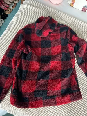 Red and Black Buffalo Plaid Sherpa Hoodie Jacket thumbnail 3