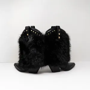 NEW Azalea Wang Violetta Faux Vegan Fur Pull On Western Heel Boots Shoes Black 7 thumbnail 3
