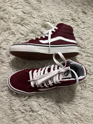 Vans High Top Sneakers Women’s Size 6, Men’s Size 4.5 Burgundy with White thumbnail 2