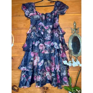 NWT Lulus Oh-So Stunning Navy Blue Floral Organza Tiered Midi Dress Cruise Sz S thumbnail 4
