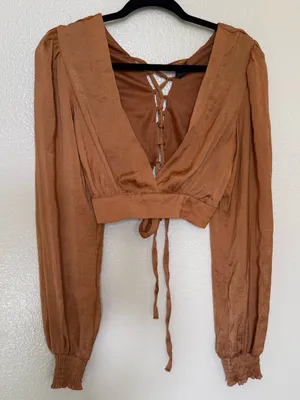 Windsor Rust Brown Satin Crop Top Medium Lace Up Back Balloon Sleeve Fall Boho thumbnail 1