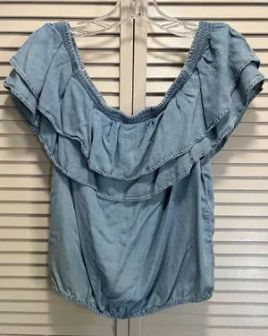 ID:23 Soft Denim Elastic Hem Ruffle Sleeveless Crop Shirt Size Large thumbnail 1