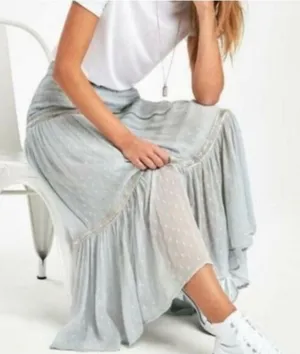 Free People Women's baby blue beaded Ella Ruched Tiered Peasant Maxi Skirt thumbnail 1