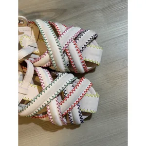 Farm Rio Zigzag‎ Stitch 5 Nude Pink Multi Color Stitch Strappy Slingback Brazil thumbnail 3