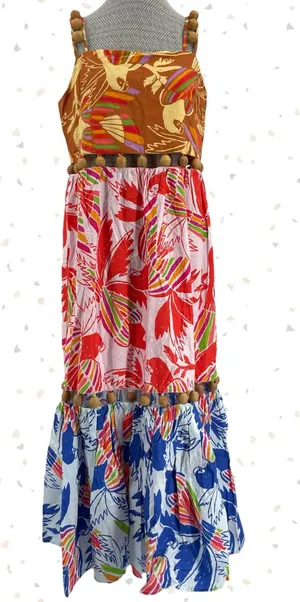 Farm Rio Bright Tropical Dress Wood Beads Colorful Summer Long Sundress Size M thumbnail 1