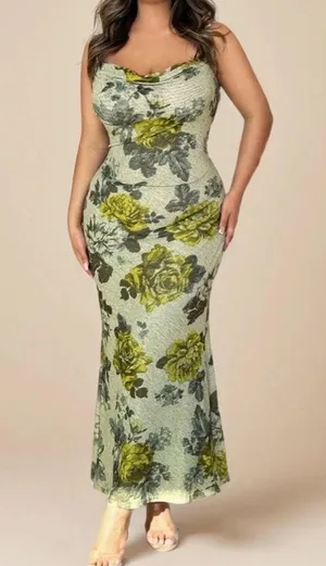 Women's Elegant Floral Print V-Neck Spaghetti Strap Backless Mesh Dress With Big Flower Print thumbnail 1