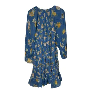 Free People Women's Dress Peasant Floral Tassel 3/4 Sleeve Cotton‎ Blue Medium thumbnail 7