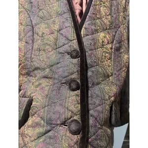 Vintage 80s Paisley Quilted Jacket Velvet Trim Dark Academia M thumbnail 9