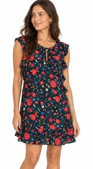 J. Crew Mini Dress Womens S Black Floral Ruffle Sleeveless Cottagecore Whimsy thumbnail 1