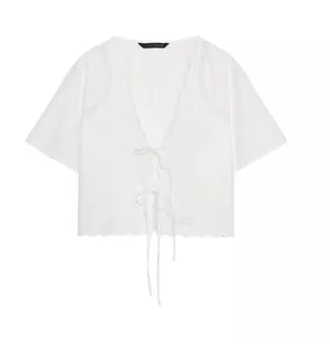 NEW Zara Embroidered Tie-Front Blouse thumbnail 1