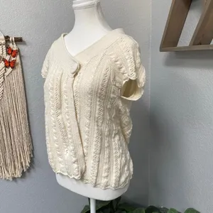 Caslon Cream Cable Knit Short Sleeve Cardigan Button Sweater Y2k Boho Academia thumbnail 3