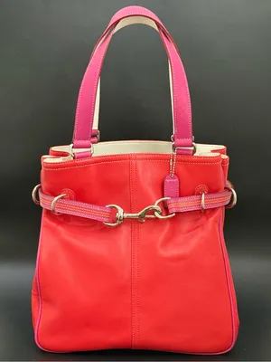 Rare Vintage Authentic COACH 9286 Leather Red-Orange/Pink Hampton Carryall Tote thumbnail 1
