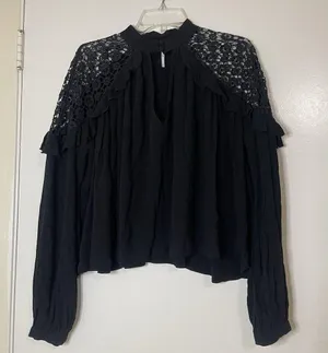 Free People long sleeve black embroidered ruffle hem blouse top small thumbnail 1