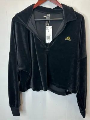 Adidas Women's Large Black Velour Half-Zip Hoodie with Gold Logo thumbnail 3