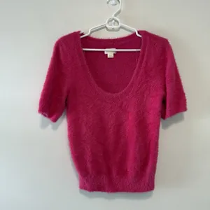 Maeve Anthropologie Pink Rona Eyelash‎ Deep Scoop Neck Fuzzy Sweater Small thumbnail 2