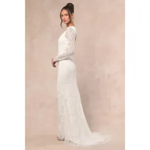 NWT Lulus Deedra White Sequin Beaded Backless Maxi Dress Wedding Bridal Bride M thumbnail 6