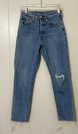 Levi’s 501 Original High Rise Straight Jeans Distressed Raw Hem Blue Women’s 25 thumbnail 1
