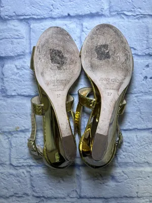Jimmy Choo Gold Size 37 Slingback Sandals Quiet Luxury Snakeskin Leather Finish thumbnail 11