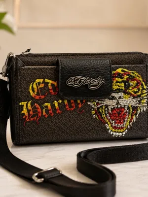 Ed Hardy Tiger Rhinestone Wallet Crossbody Wristlet Black NWT thumbnail 2