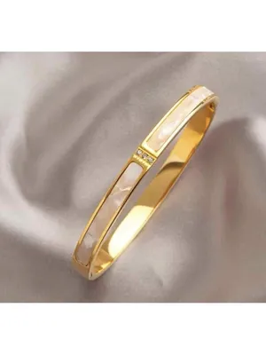 Gold Plated bangle Bracelet Mother Of Pearl Crystals stainless steel jewelry thumbnail 6