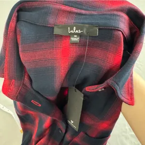Lulus Red Navy Blue Plaid Cutout Back Mini Shirt‎ Dress NWT Medium thumbnail 5