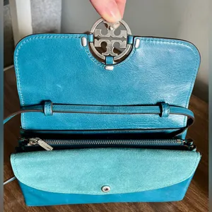 Tory Burch Turquoise Blue Leather and Suede ‘Miller’ Wallet-on-Chain Crossbody thumbnail 11