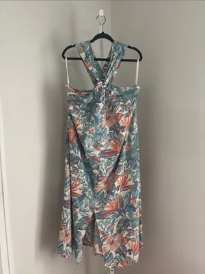 Faherty Bay Twist Seersucker Halter Midi Dress Floral Pastel Blue & Coral Sz XL thumbnail 3