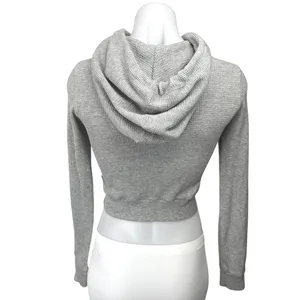 Aritzia TNA Gray Waffle Knit Long Sleeve Hooded Hoodie Crop Sweater Top Size XXS thumbnail 2