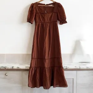 Reformation Bekkah Crocheted Lace Trim Organic Cotton Midi Dress in Cinnamon XS thumbnail 9