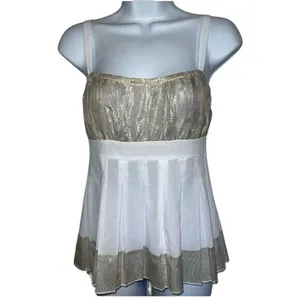 CACHE White With Gold Metallic Ruched Sheer Illusion Tank Cami‎ Top NWOT Siz thumbnail 2