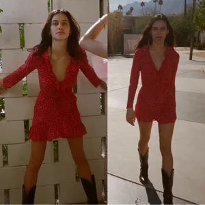 Realisation Par • The Alexandra wrap silk mini dress Red Star print ruffled thumbnail 7