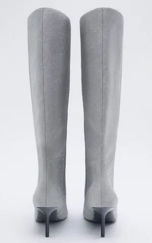 ZARA Silver Rhinestone Heeled Knee High Boots Heels thumbnail 5