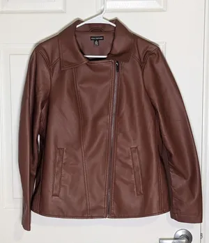 Nina Leonard Cognac Brown Faux Leather Zip Moto Jacket Women’s Medium thumbnail 1