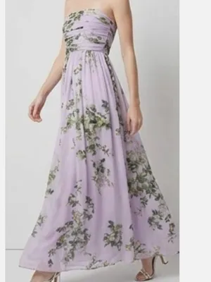 New $220 White House Black Market Floral Lilac Strapless Chiffon Maxi Dress thumbnail 3