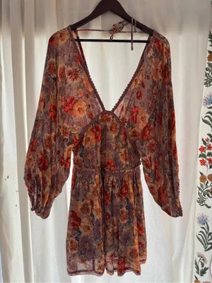 Free People Floral V-Neck Mini Dress in Lavender & Peach thumbnail 7
