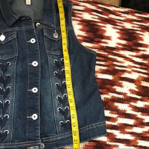 Y2K Mcbling Goth Grunge Cyber Punk Denim Jean Corset Lace up Corset Vest Jacket Shirt Top Blouse Navy Blue Cargo Pockets Sleeveless Dark Wash #whimsygoth #preppy #subversive #acubi #academia Size M - measurements in pics thumbnail 7
