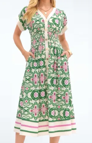 Entro Women’s Botanical Cap Sleeve Midi Dress in Green Size S thumbnail 1